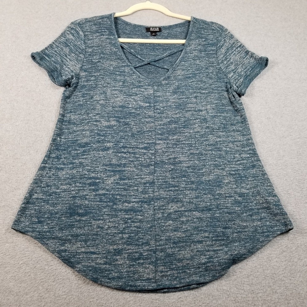 a.n.a T Shirt Women Medium M Blue Space Dye Strappy V Neck Short Sleeves Stretch